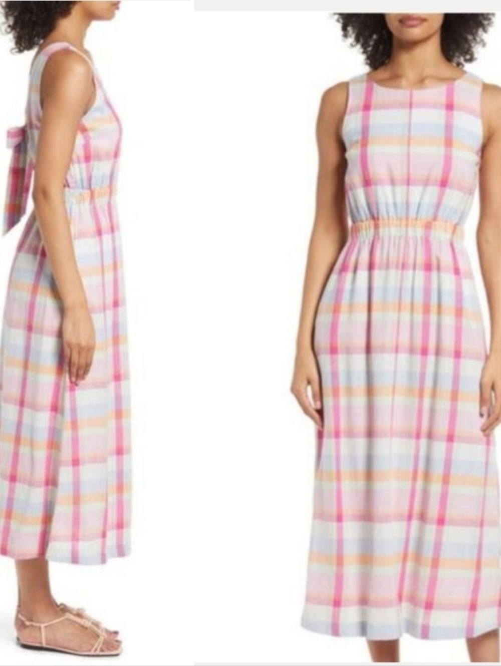 Nordstrom Linen Rayon Plaid Tie Back Dress XL